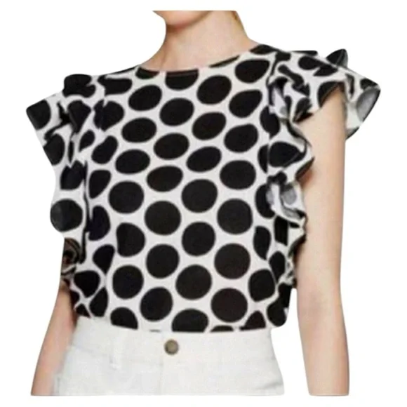 Who What Wear Polka Dot Flutter Sleeve Linen Blend Shirt Top XS - Picture 1 of 6